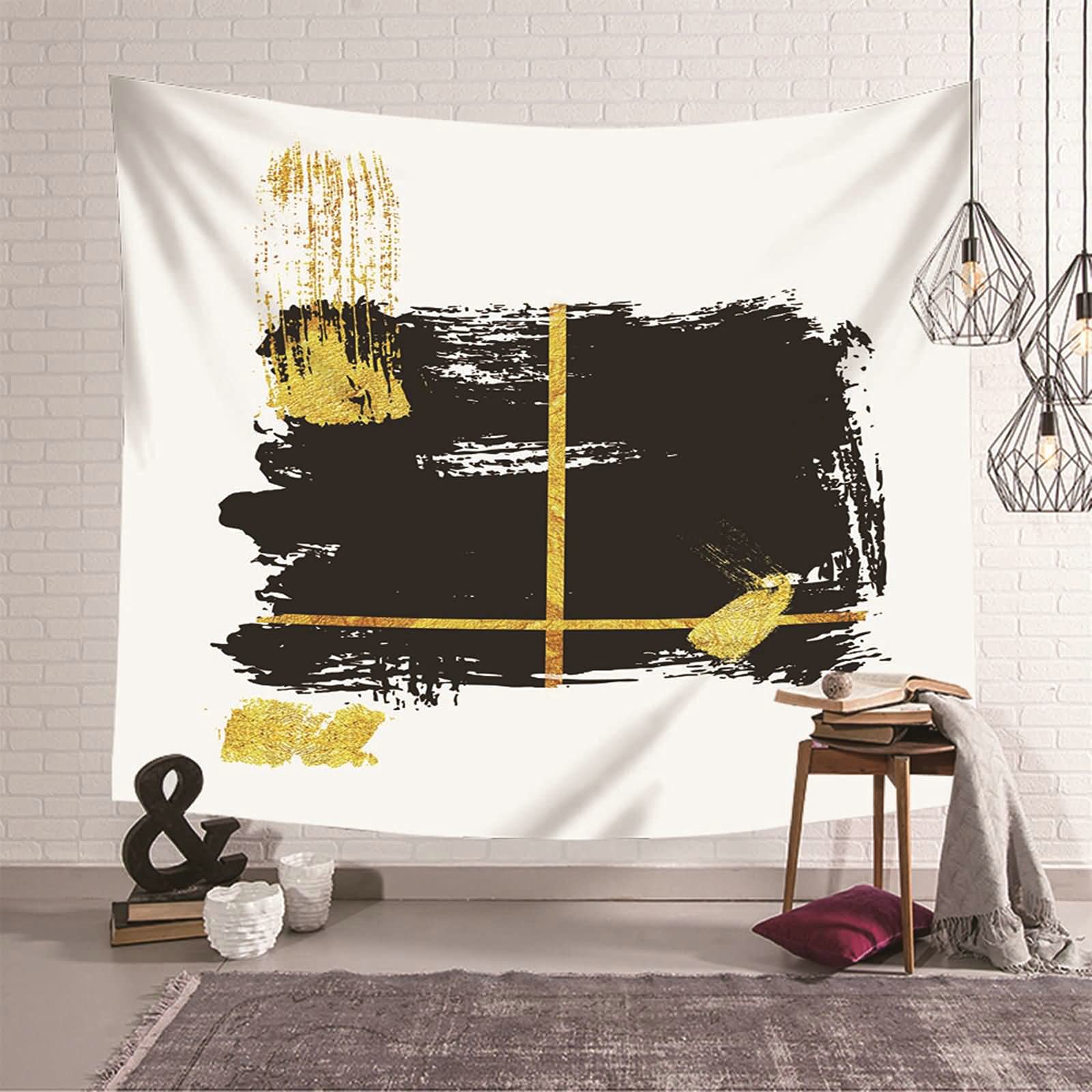 Tapiz de poliéster abstracto para decoración de pared moderna KnSam negro y dorado de 150 x 130 cm