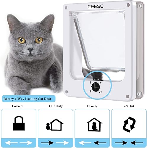 Miniatura 20 de CEESC Puerta extragrande para gatos (tamaño exterior 11.6 x 9.8 pulgadas), puerta giratoria para gatos con bloqueo de 4 vías para puertas interiores