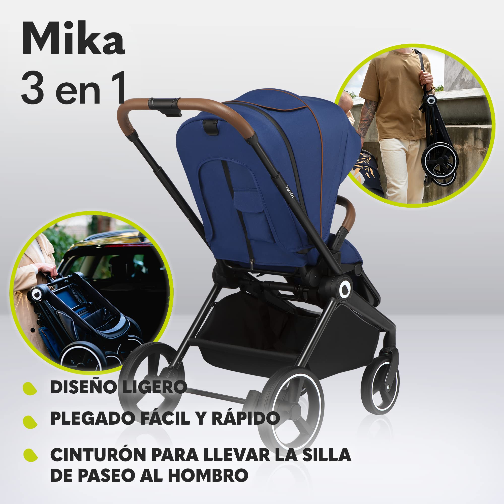 LIONELO Mika cochecito de bebé 3 piezas, coche de bebé 3 en 1, carrito para bebé, carro bebé 3 piezas el conjunto, silla de paseo, capazo y silla de coche