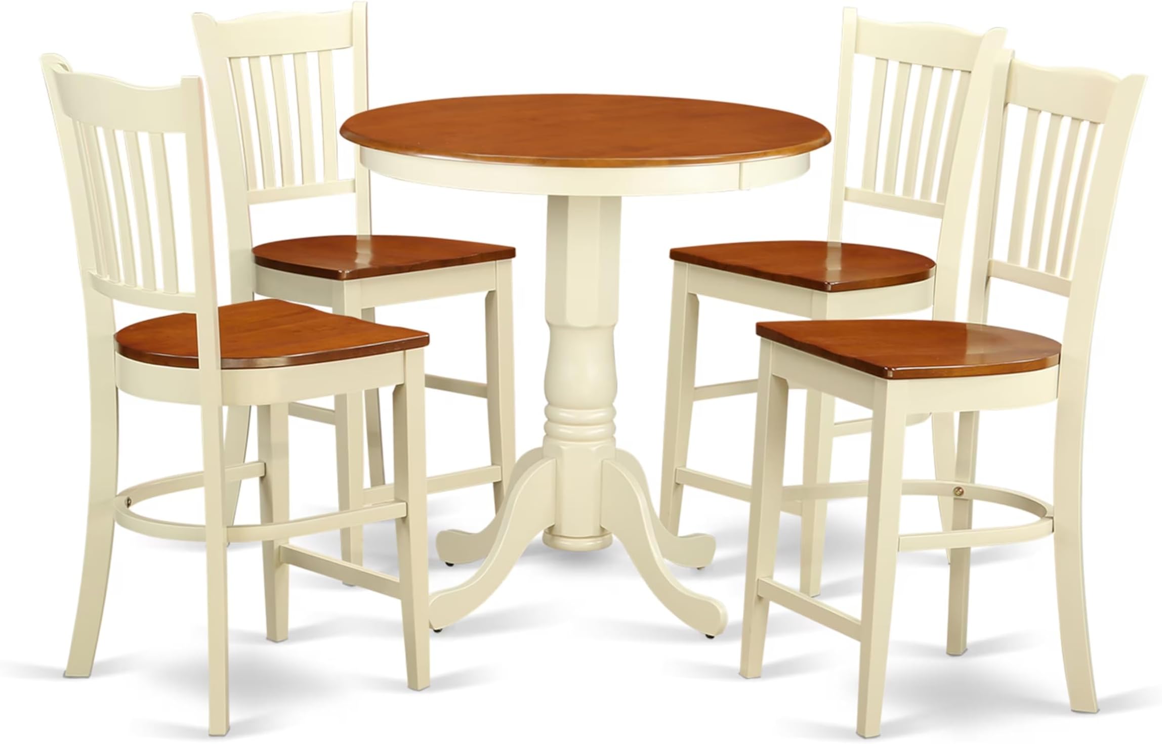 East West Furniture EDGR5-WHI-W 5 Piece Kitchen Counter Height Dining Table Set Includes a Round Wooden Table with Pedestal and 4 Dining Chairs, 30x30 Inch, Buttermilk & Cherry