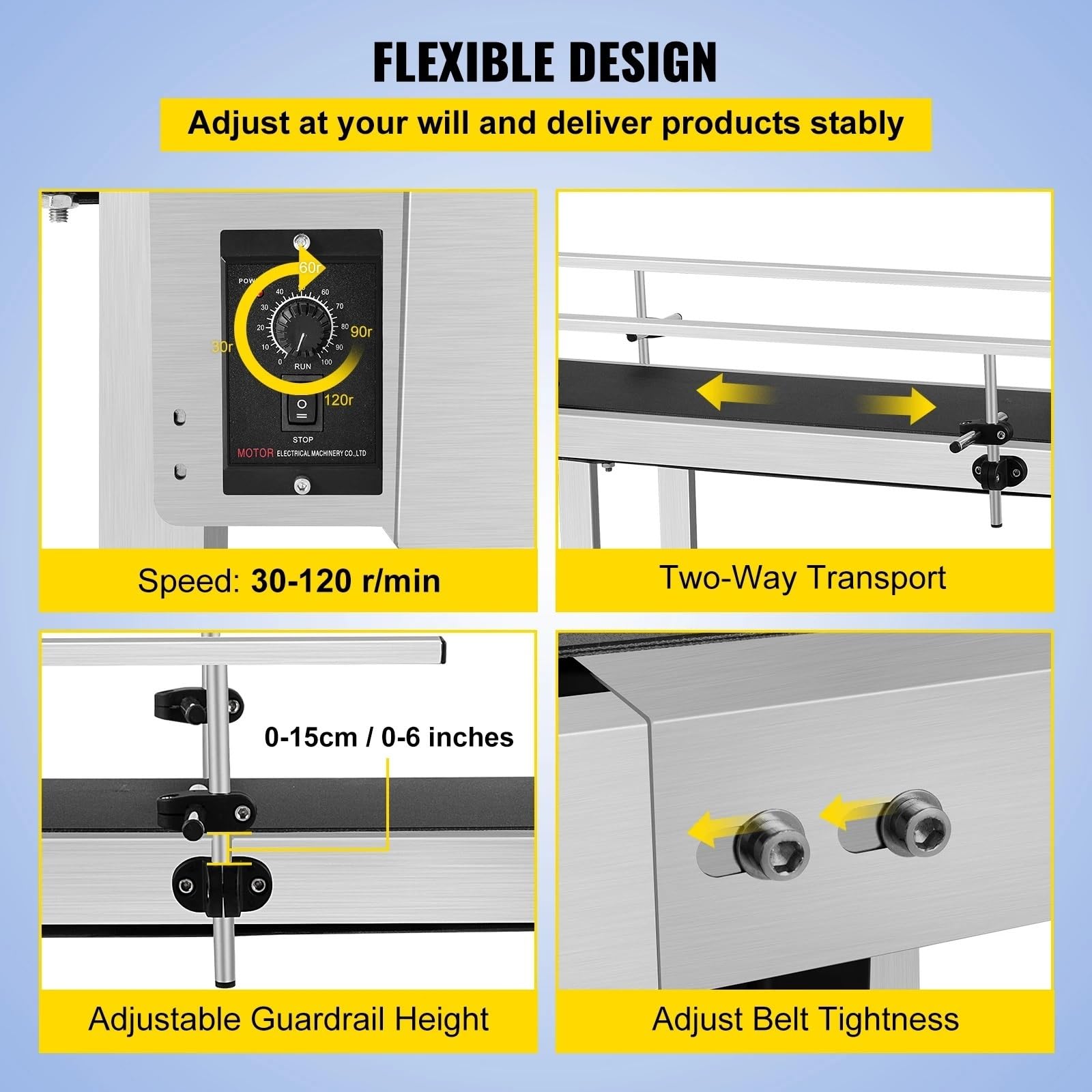 Correa Alternadora Máquina Cinta Transportadora PVC 150 Cm 59" X 78" Con Barandilla Ajustable Acero Inoxidable Para Industrial Eléctrico Automático(Single Guardrail)
