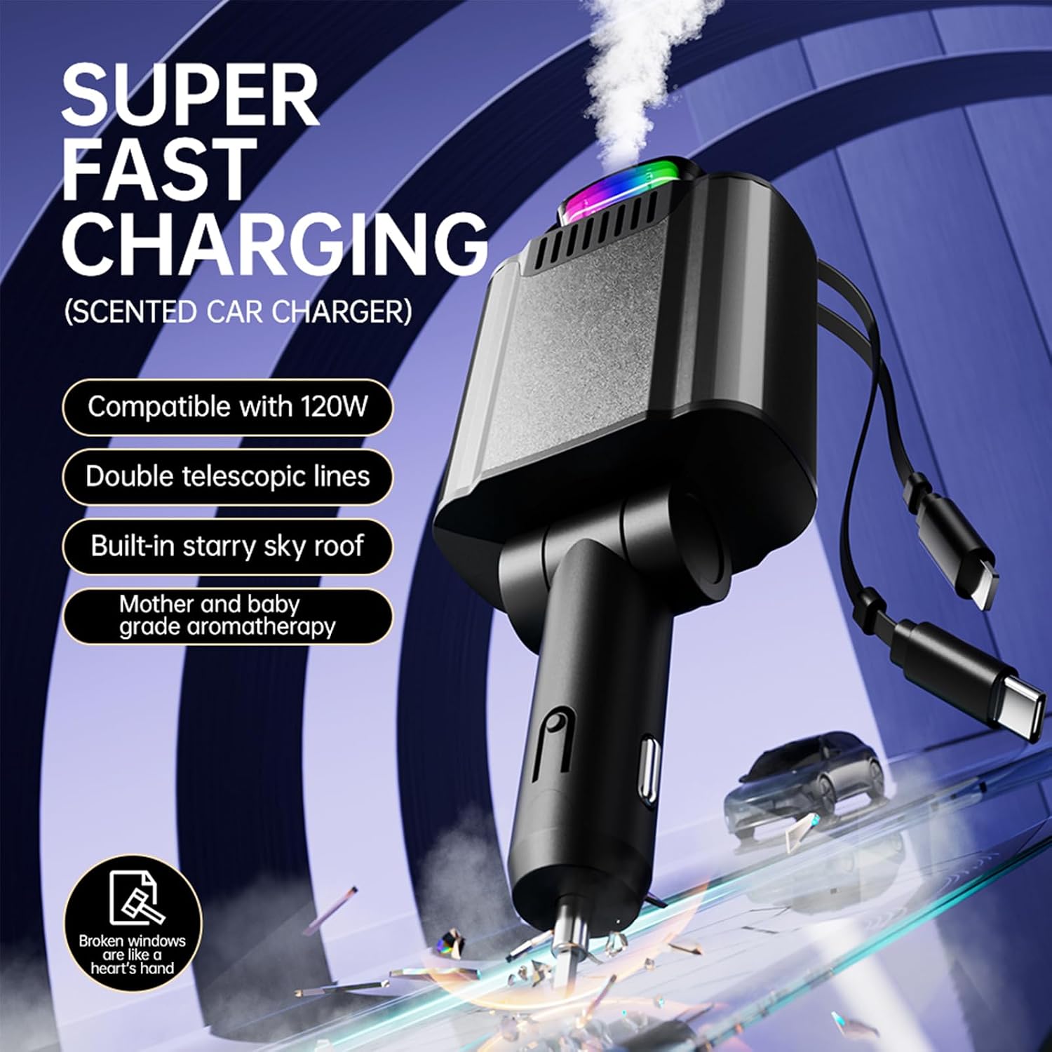 120W Retractable Car Charger USB C Fast Charging, 5 in 1 Car Accessories Cigarette Lighter Adapter with USB-C & Lightning for iPhone Android Galaxy, Aroma Starlight Breaker, Car Gift for Men, Women