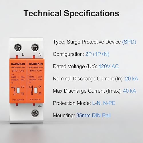 Miniatura 2 de Baomain Pararrayos BMD1-C40 blanco 1P+N 20-40KA 420V del dispositivo del disyuntor de la protección contra sobretensiones