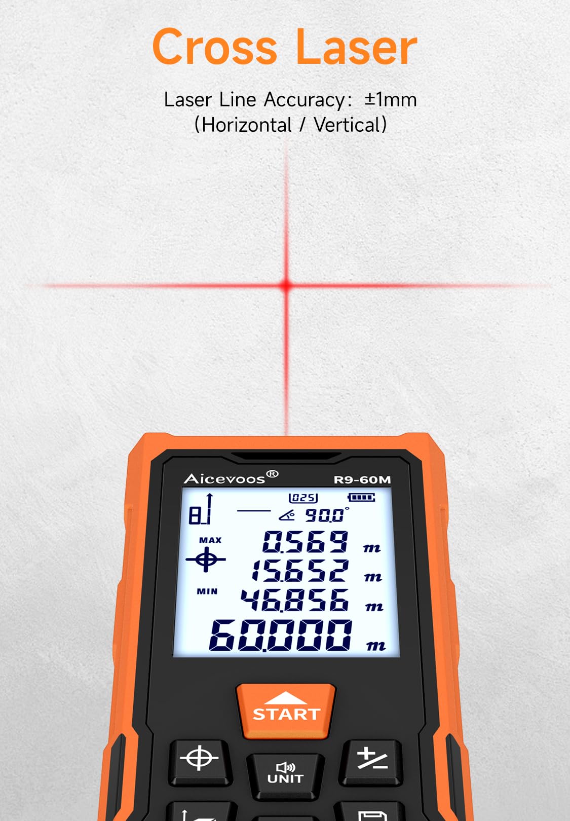 Aicevoos R9 Laser Measure 60m/196ft with Large Backlit Screen and Cross Laser - Image 3