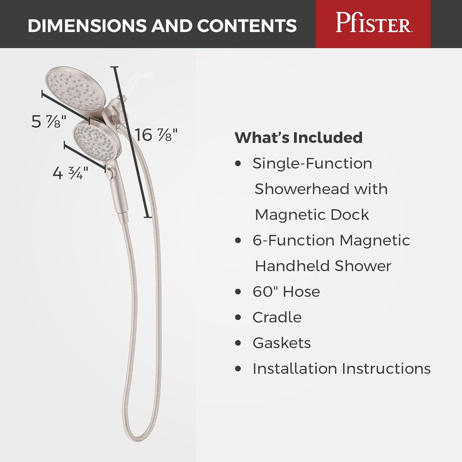 Pfister HydroFuse Shower Head with Handheld Combo - 6-Function High Pressure Showerhead, Magnetic Docking, 2.5 GPM Flow Rate, Spot Defense Brushed Nickel 020HFM01GS