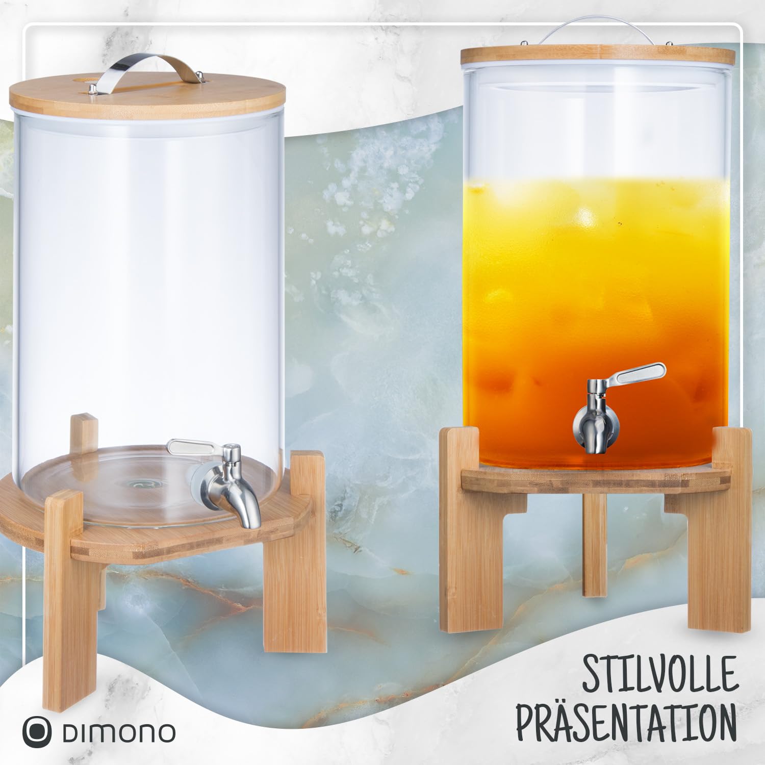 Distributeur de boissons avec robinet anti-goutte en acier inoxydable Distributeur d'eau en verre avec support en bambou et couvercle en verre borosilicaté résistant à la chaleur (8 litres)