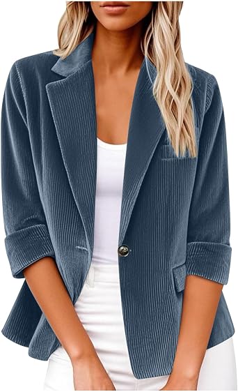 Blazers for Women Business Casual Vintage Corduroy Jacket Dressy 3/4 Sleeve Blazer Lightweight Slim Outfits for Work