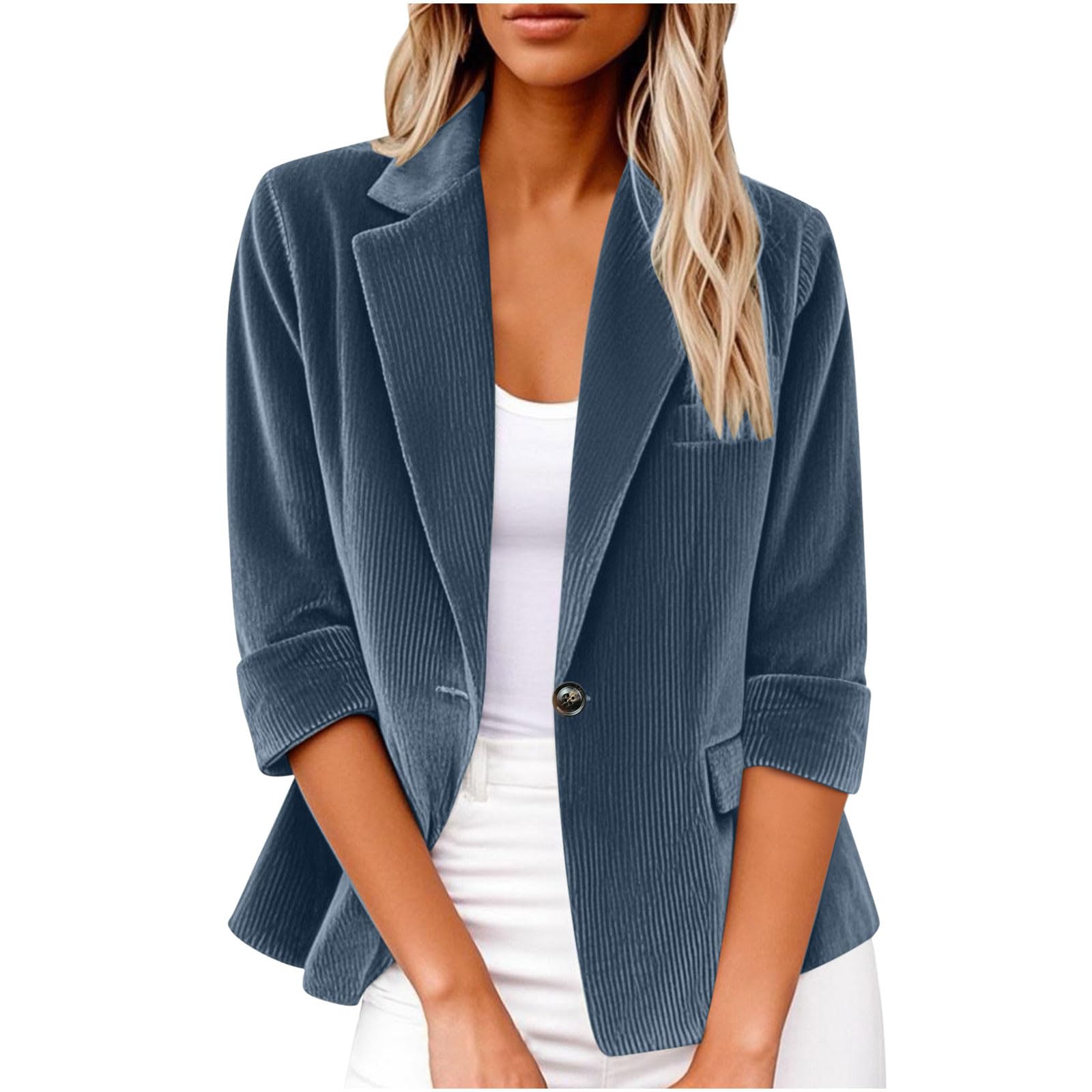 Corduroy Blazers for Women Dressy Casual Blazer Jacket 3 4 Sleeve Single Button Office Tops Ribbed Business Outerwear
