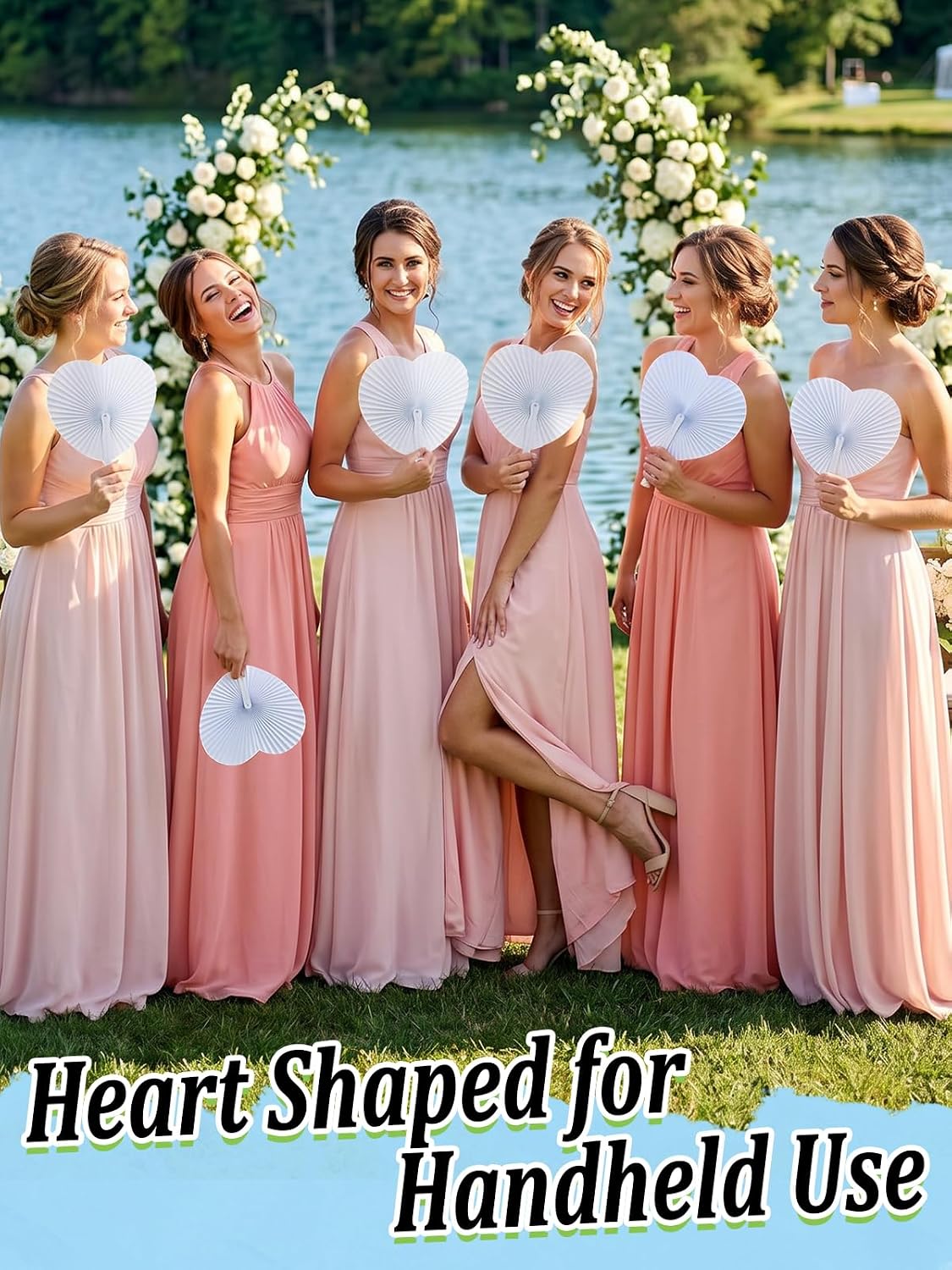 Cosweet 50 Pack White Folding Fans- Heart Shaped Handheld Folding Accordion Paper Fans Assortment with Plastic Handle for Wedding Birthday Celebration Party Favors Bag Filler