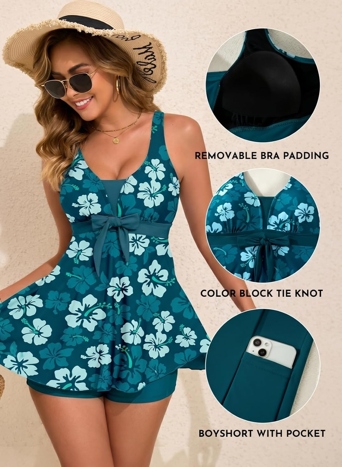 Aleumdr Women Printed Two Piece Tankini Swimsuits Tummy Control Swim Dress High Waisted Boyshort with Pockets