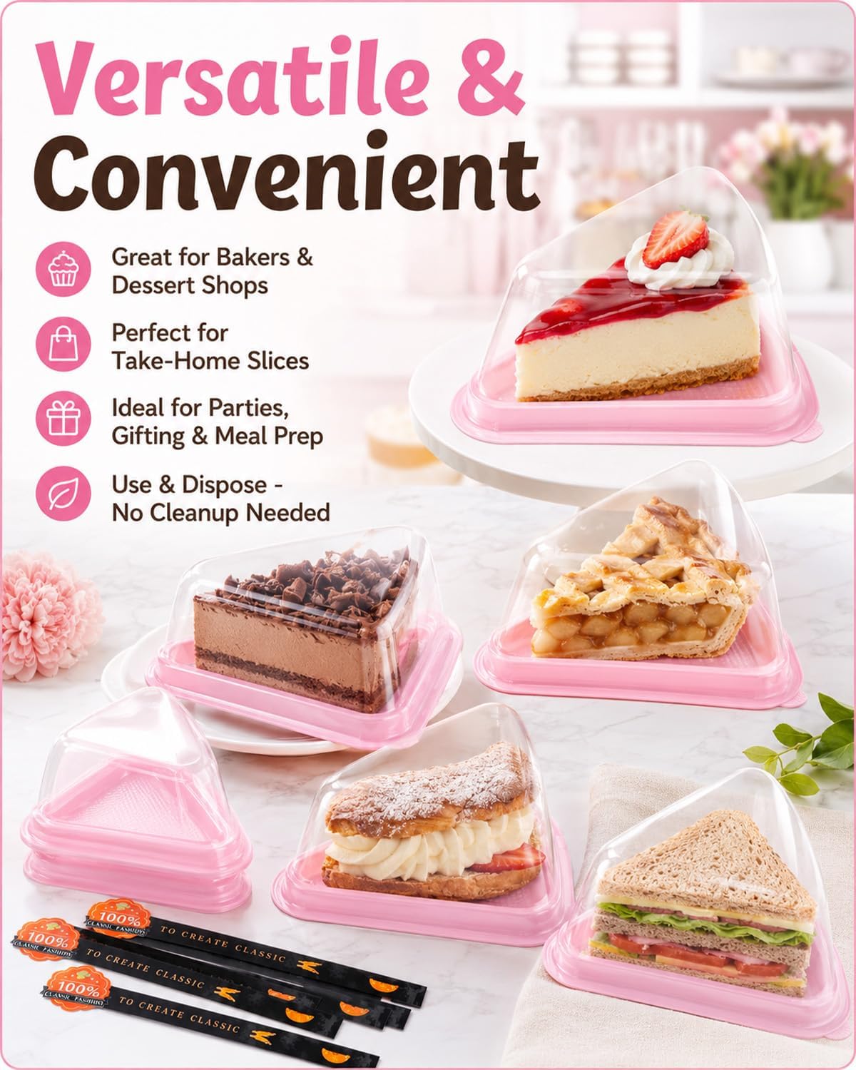 50 Pack Cake Slice Containers with Pink Base & Clear Lids - Disposable Triangle Cheesecake Boxes for Pie, Dessert, Pastry - Individual Plastic Slice Holders with Stickers (Pink)