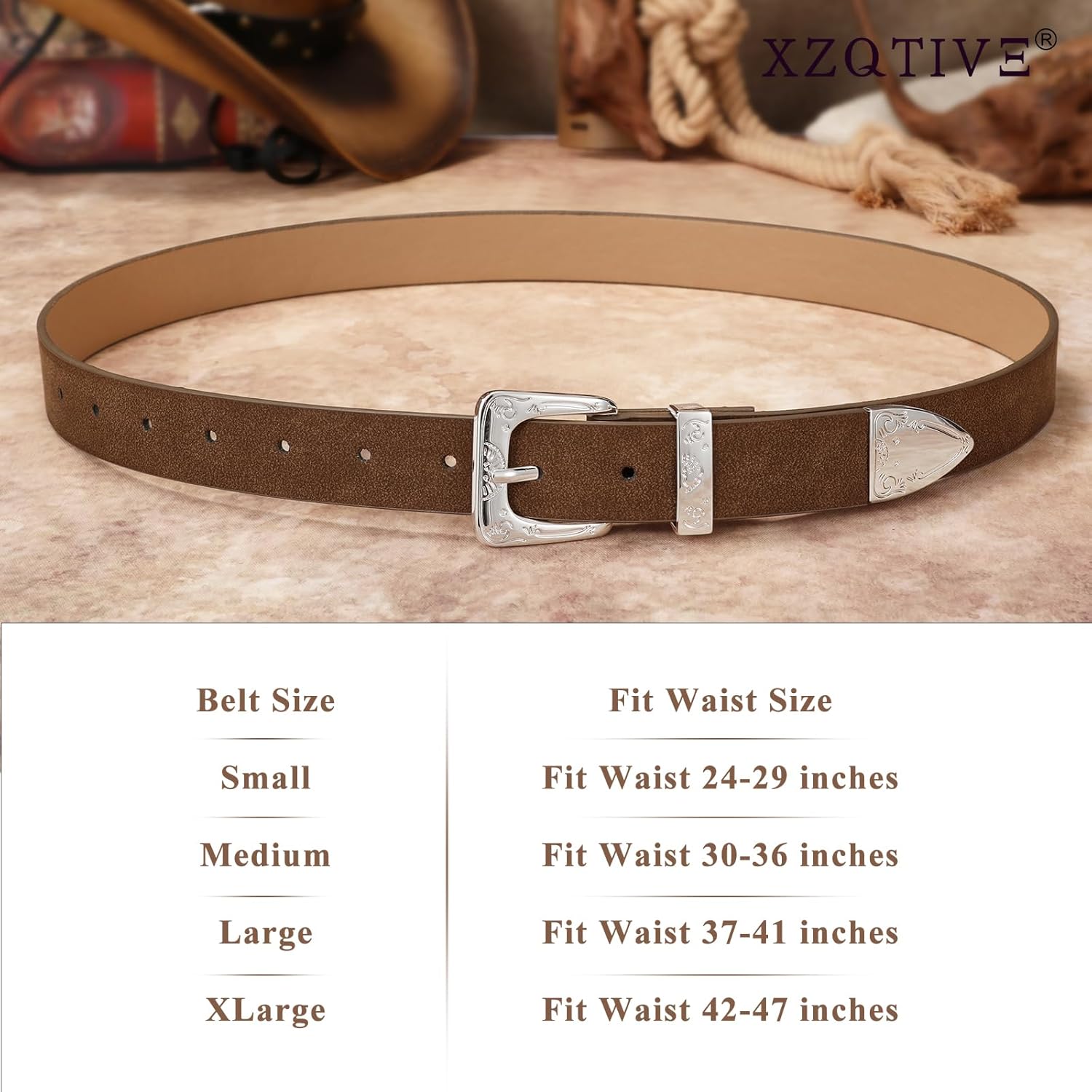 XZQTIVE Women Western Belt For Cowgirl Cowboy Suede Belt For Pants Jeans Vintage Leather Belts With Silver Carved Buckle - Image 5
