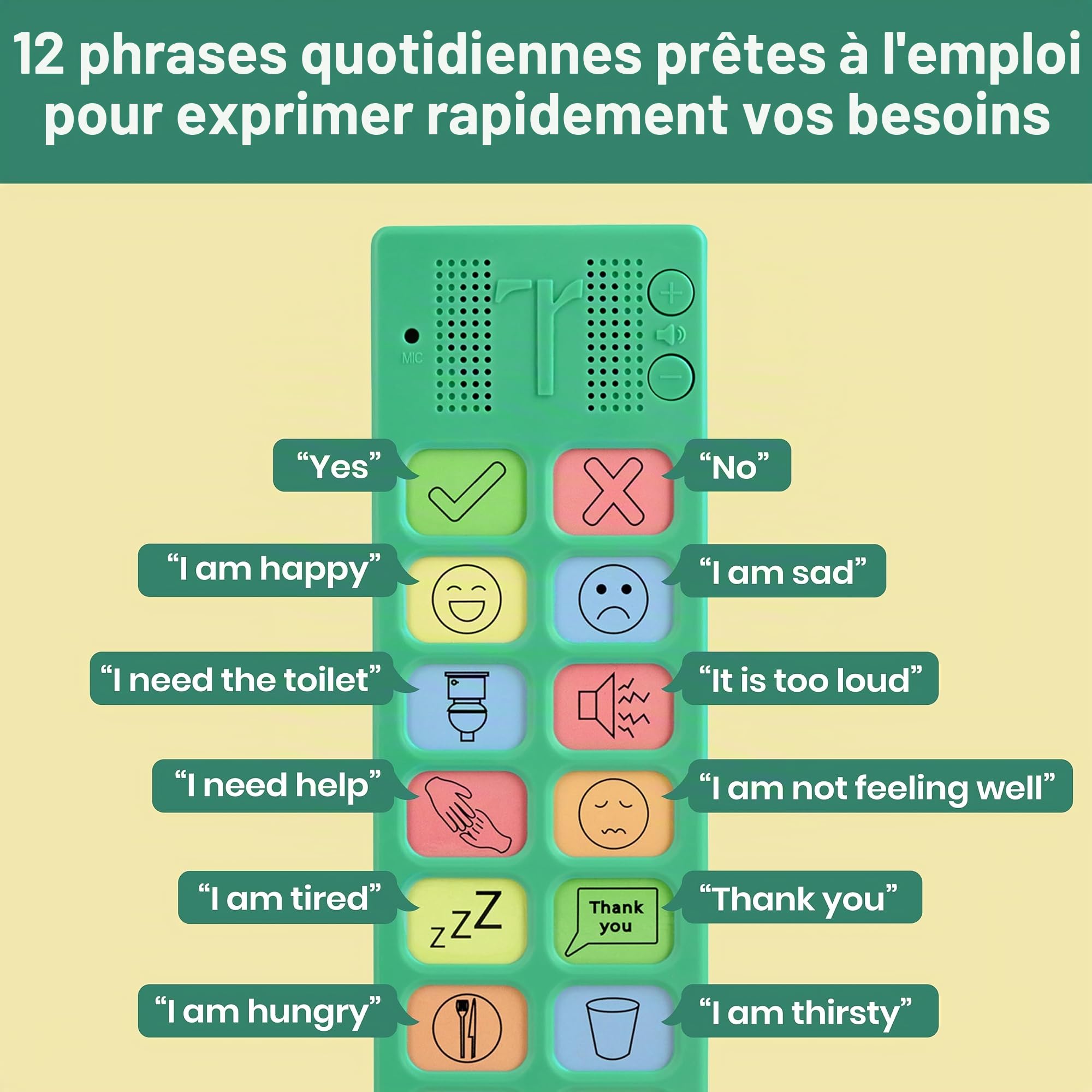 Appareil AAC pour l'autisme – Appareil de communication AAC pour enfants et adultes non verbaux – 4 boutons programmables et 12 boutons emblématiques prédéfinis avec volume réglable – Utilisé