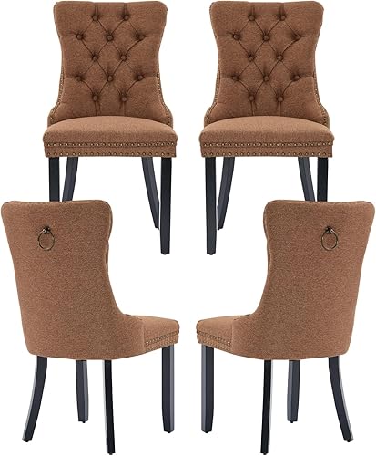 Miniatura 28 de Juego de 6 sillas de comedor marrones, sillas de comedor tapizadas con tela de lino acolchada con capitoné, con respaldo alto, ribete de tachuelas y