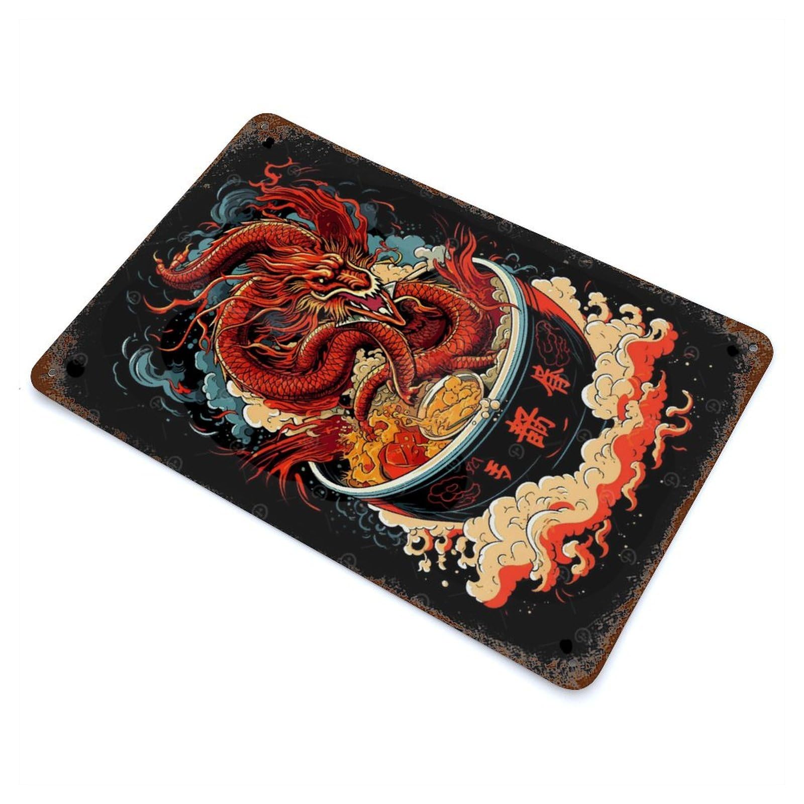 Rust Effect Dragon Ramen Japan Aged Metal Wall Plaque 11.8"x7.9", Shabby Chic Decor for Basement, Hobby Room And Garage Decor