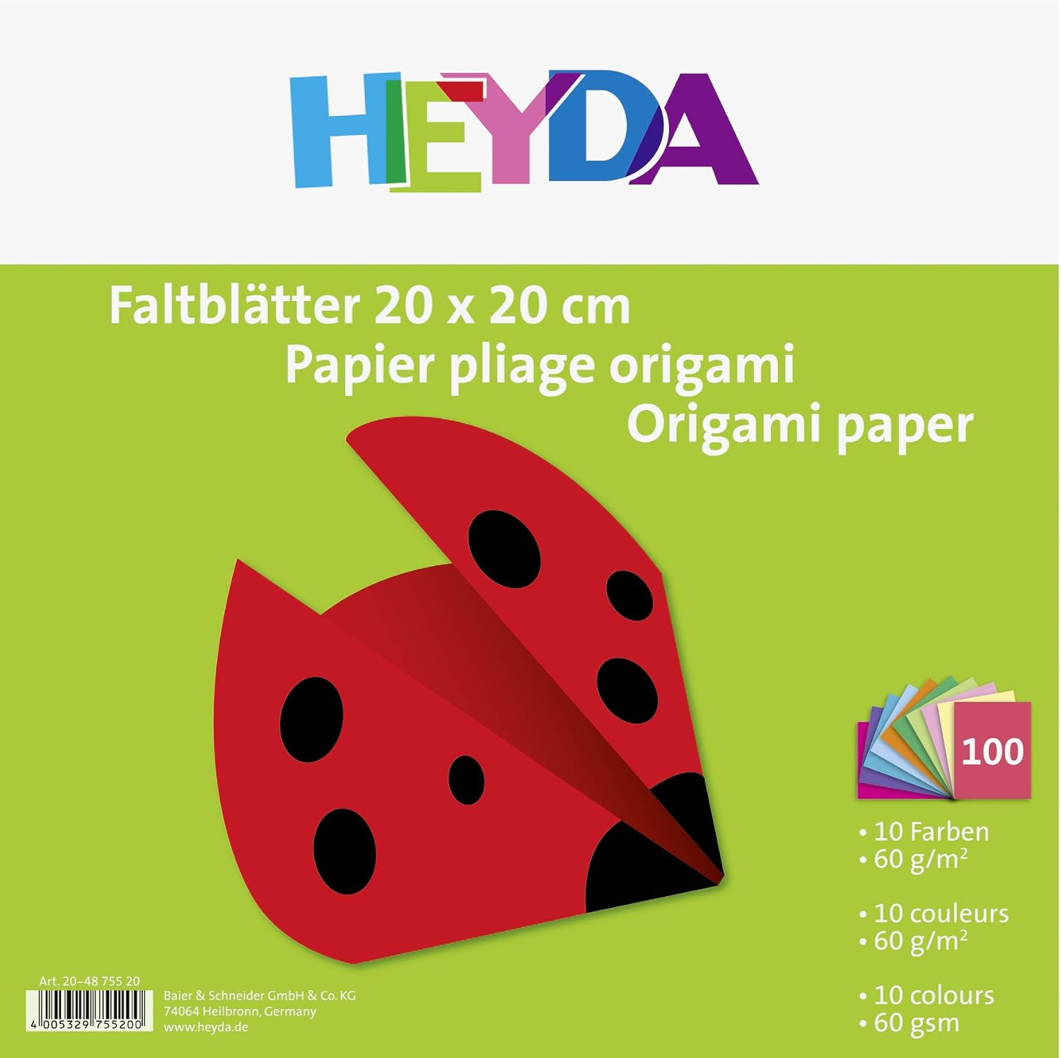 Heyda 204875520 Origami Paper 20 x 20 cm 60 g/m² 100 Sheets Assorted Colours