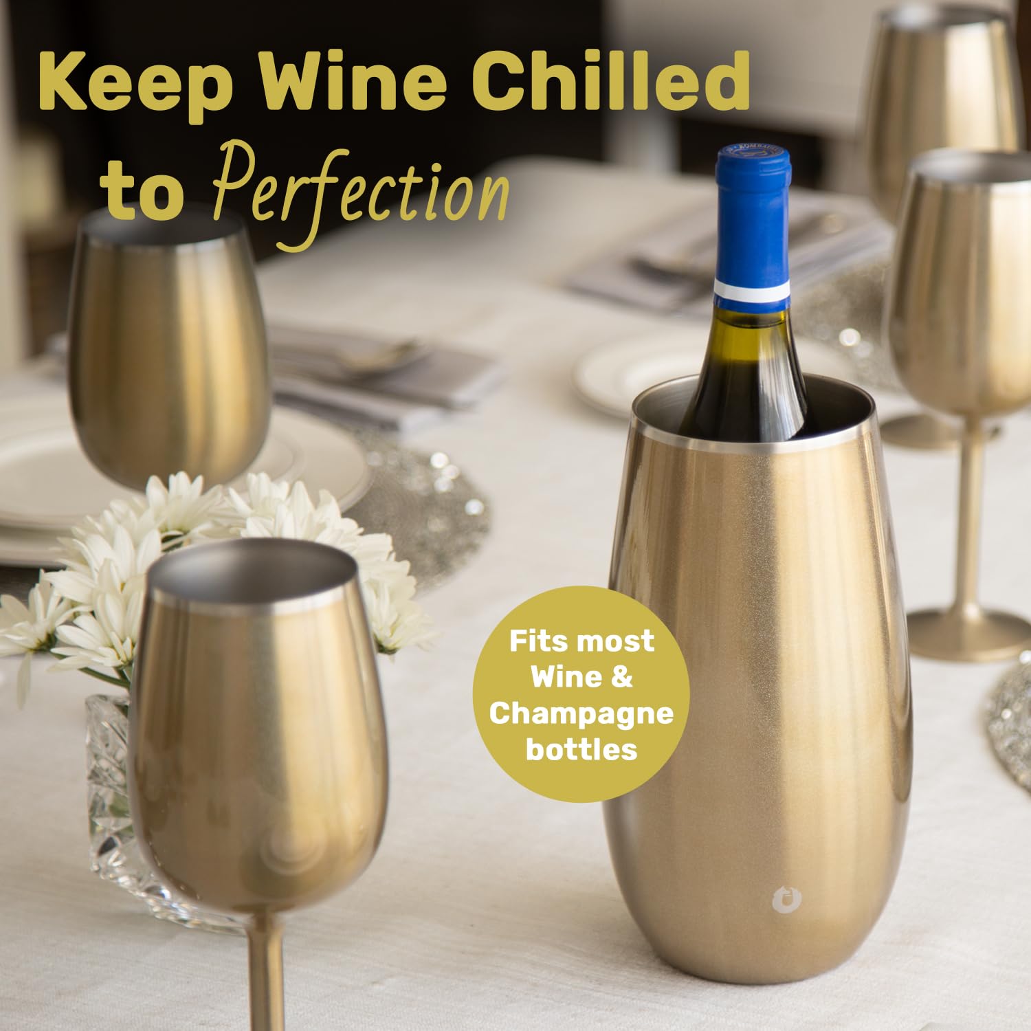 SNOWFOX Premium Vacuum Insulated, Triple Walled, Stainless Steel Wine Chiller w/Optimal fit to keep wine cold longer. Fits most Wine and Champagne Bottles. Non-Slip Silicon Base, Shimmer Gold — Amazon image 3