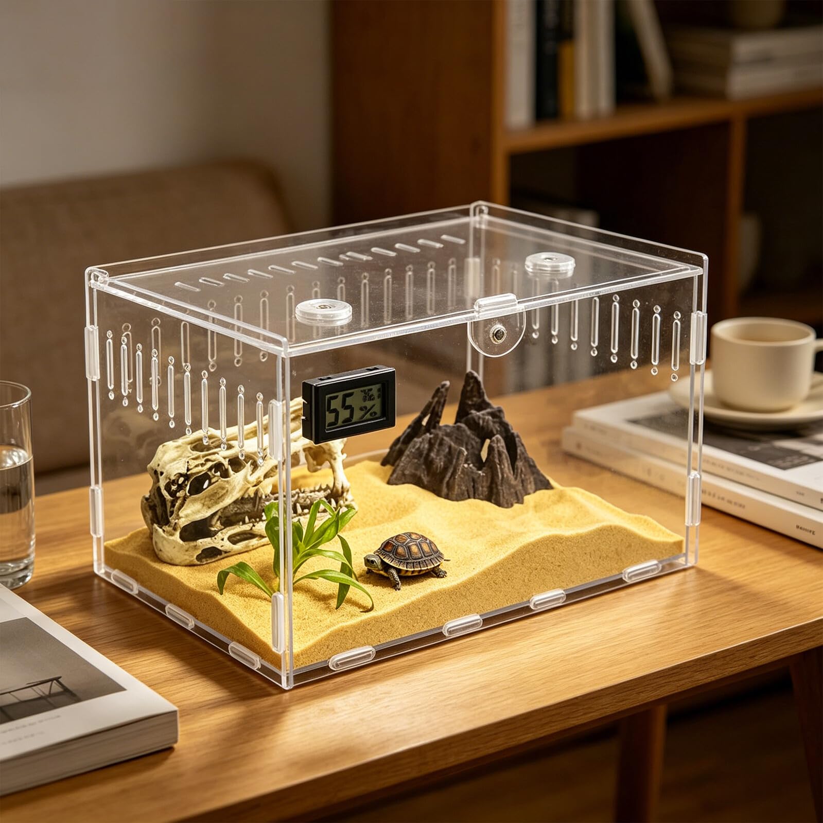 Terrario Rimovibile e Trasparente Acrilico 360° Rettili per con in Termometro Igrometro, Ventilazione e Fondo per Gechi Leopardo e Serpenti, per Allevatori