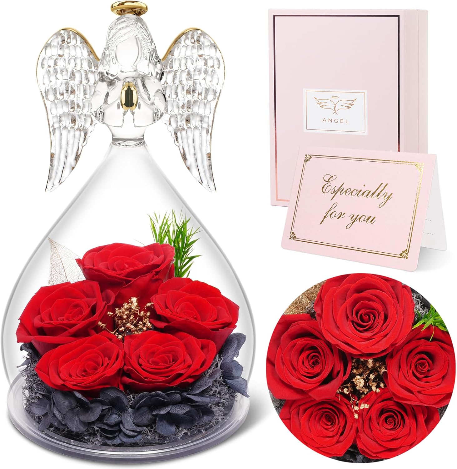 Sunia Glass Angel Figurine with 5 Forever Real Preserved Roses for Mom, Grandma, Women | Handcrafted Eternal Flower Keepsake, Home Decor, Birthday Christmas Angel Statue