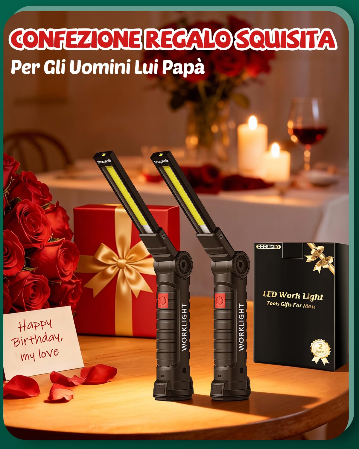 Coquimbo Regalo Uomo Torcia LED Lampada da Lavoro USB Ricaricabile COB Lampade di Ispezione Pieghevole con Base Magnetica e Gancio per Auto/Campeggio/Home e di Emergenza Uso (2 Pezzi)