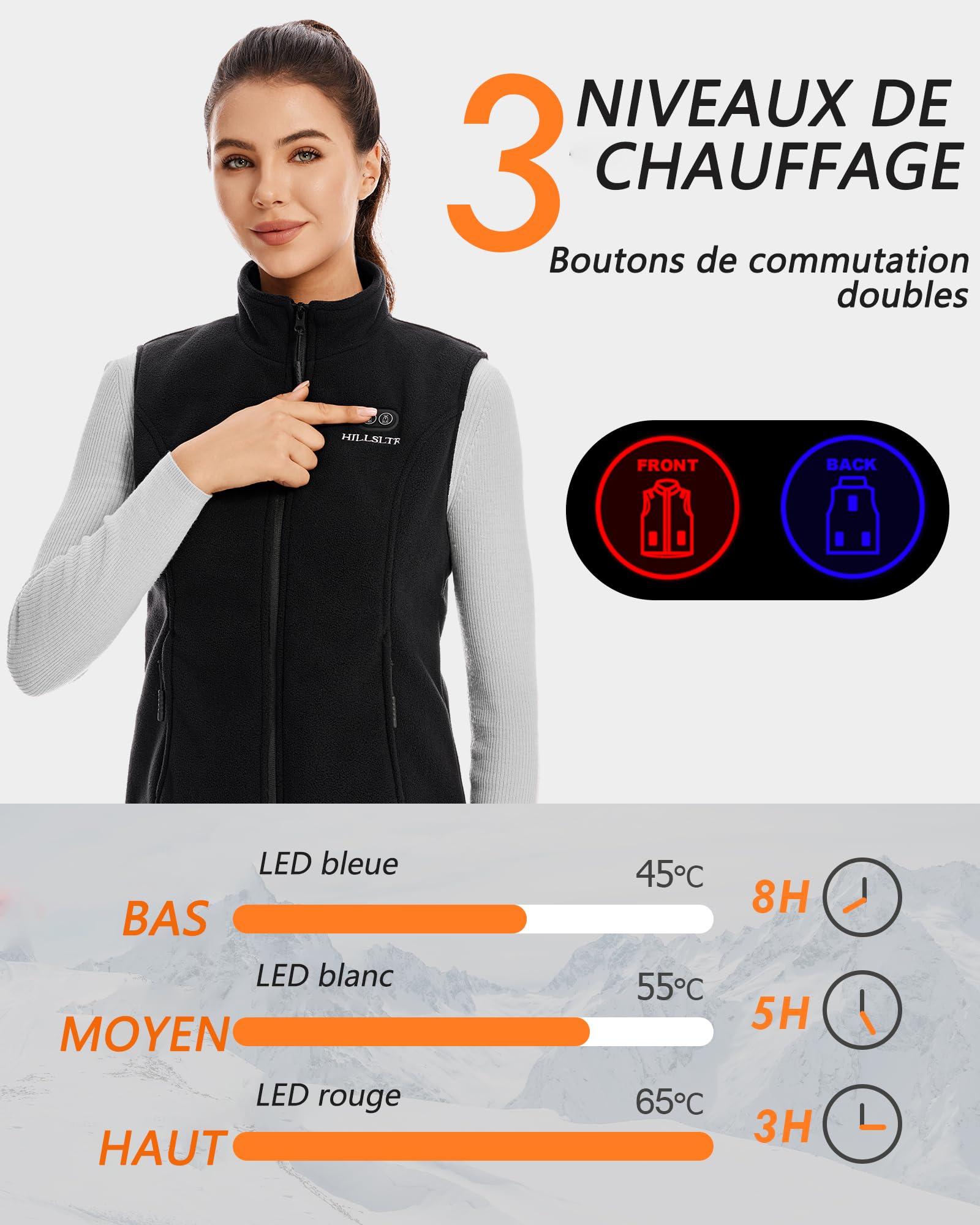 Gilet Chauffant en Polaire pour Femme avec Batterie 7.4V 12000mAh, Veste Chauffante avec 8 Zones de Chauffage, Gilet Chauffant avec 3 Niveaux de Température, Veste Chauffante pour Ski/Moto