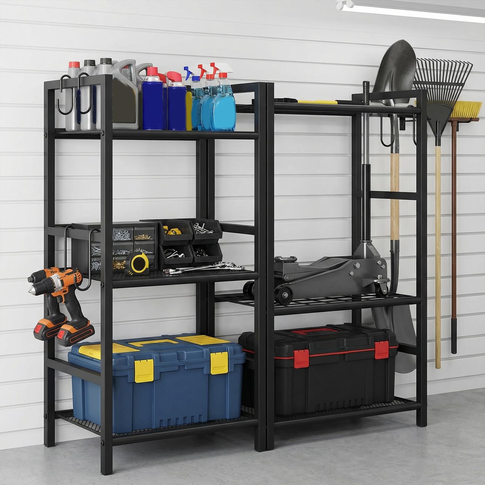 Hochleistungs-Gartengerätehalter, 3-stufiger Aufbewahrungsständer für Rechen, Schaufeln & Gartengeräte, 35 Schlitze, Langer Griff, große Haken, für Garage & Schuppen