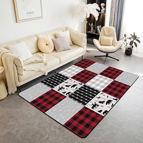 Erosebridal Alfombra de área a cuadros de búfalo para niños y niñas, alfombra de alce de bosque, 5 x 7, alfombra decorativa vintage de oso de
