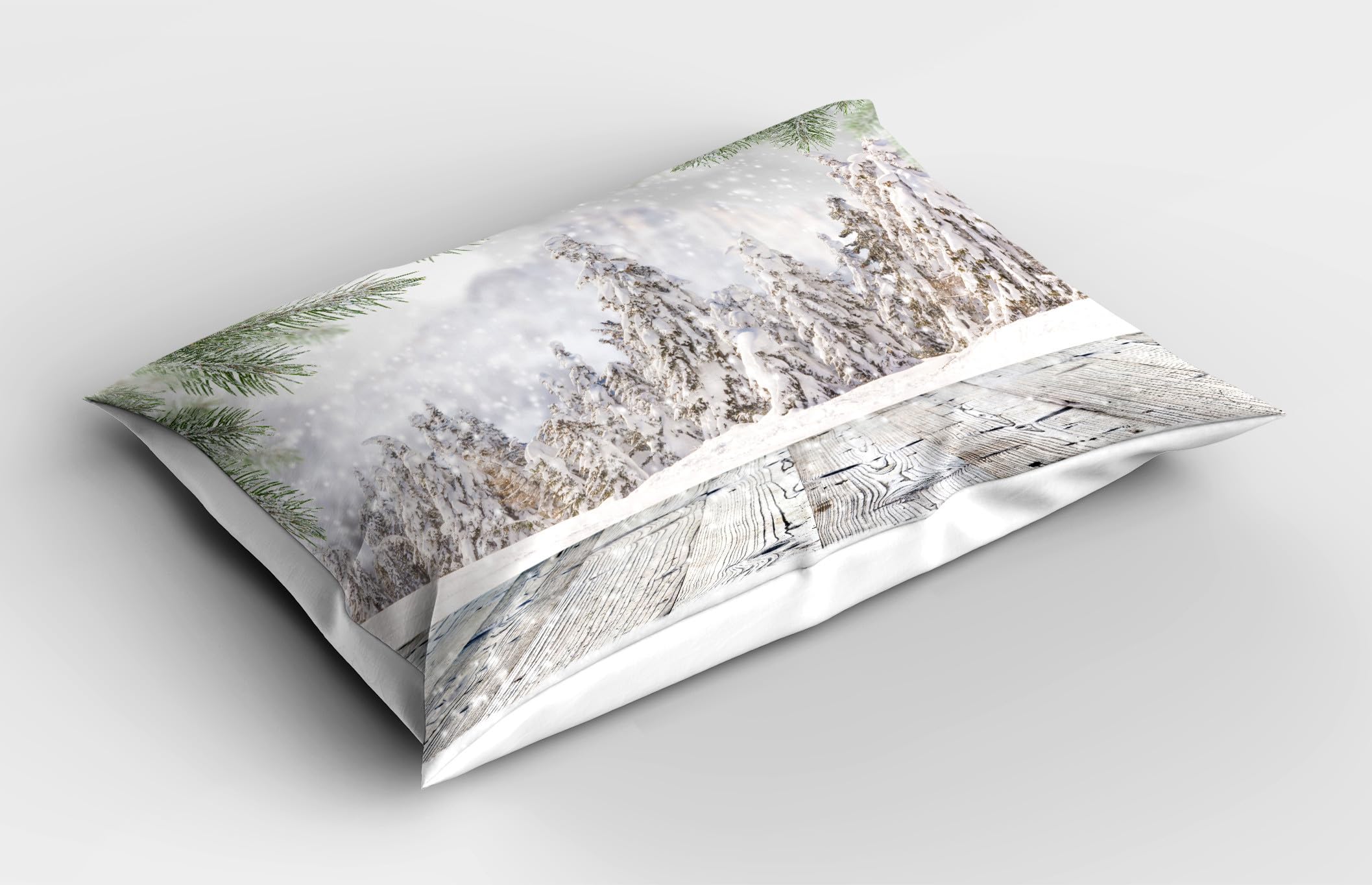 Ambesonne Winter Pillow Sham Set of 2, Abstract Christmas Theme Snow Covered Forest and Wooden Surface Image, Quality Microfiber Bedding Item for All Seasons, 36