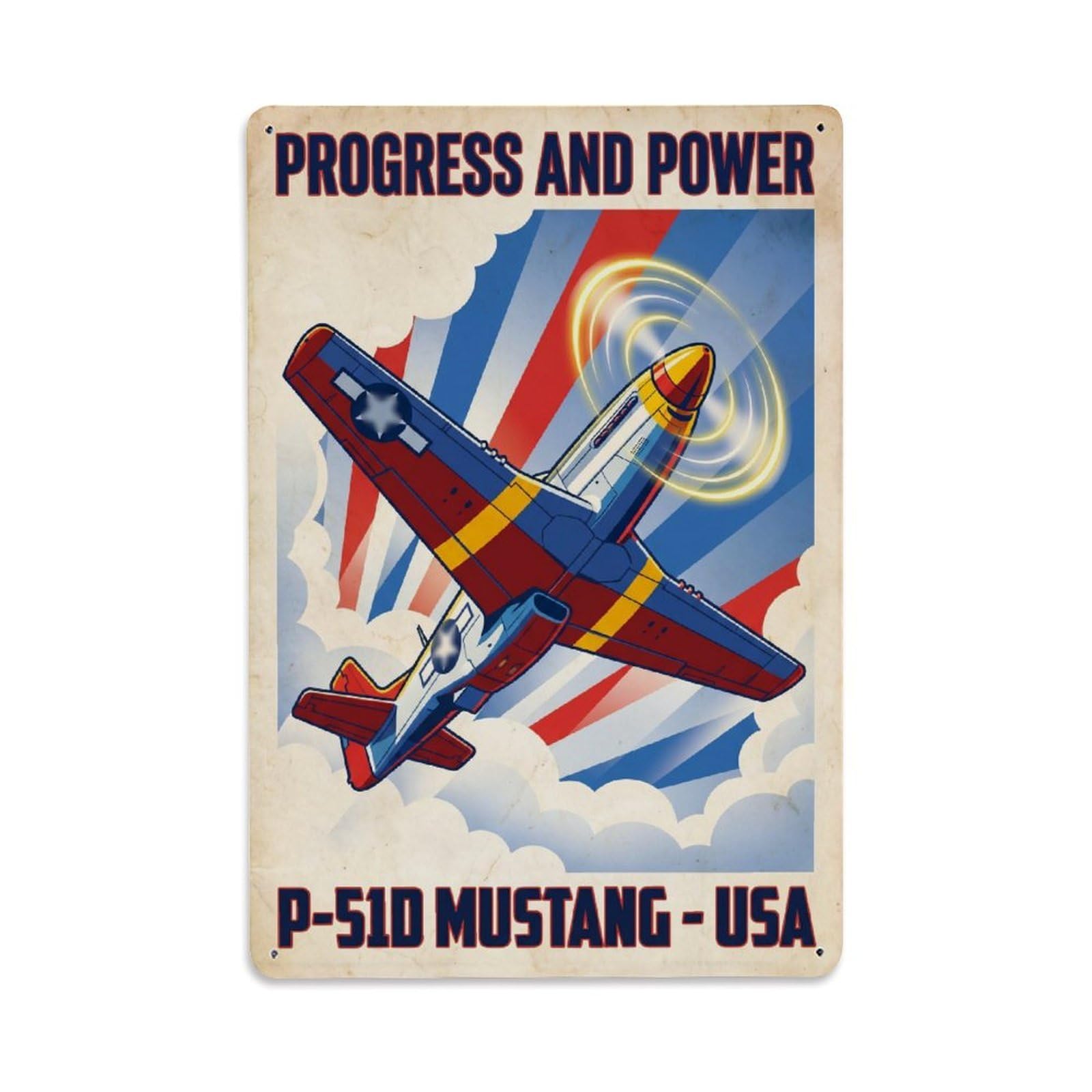 Fighter Aircraft P-51D Mustang Retro Propaganda Metal Tin Sign Plaque Wall Decor for Cafe, Man Cave, Club Bar, Office, Home Garden Round Metal Poster 8x12Inch
