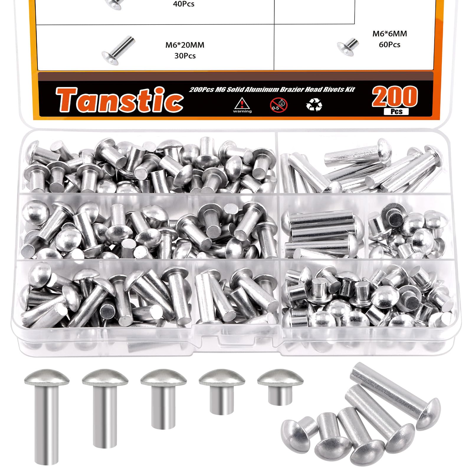 Tanstic 200Pcs M6 Solid Aluminum Brazier Head Rivets