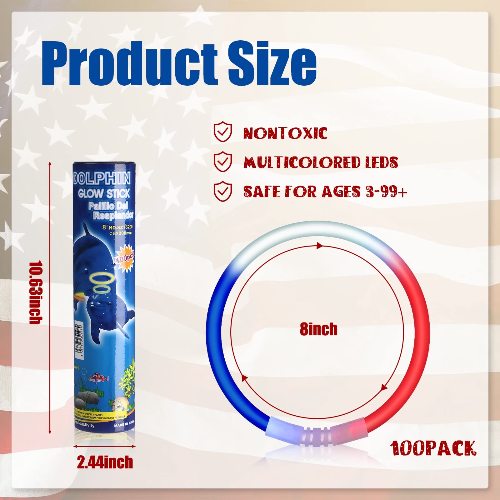 Hanaive 100 Pcs 8'' Red White and Blue Glow Stick Bracelet Glow in The Dark Bracelet 4th of July Party Supplies Patriotic Independence Day Light up Bracelet for Neon Birthday Memorial Day Favors