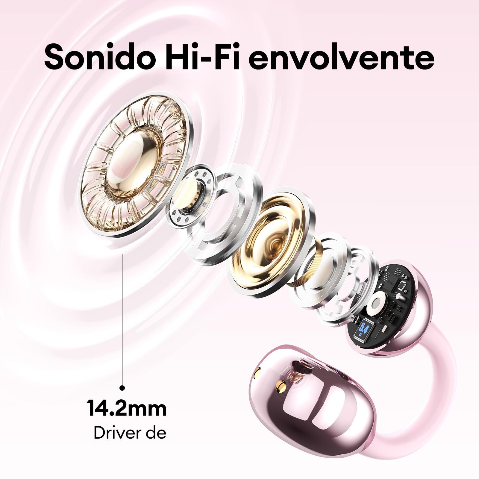 Auriculares Oreja Abierta Inalambricos Bluetooth con Pantalla LED y Decoración de Mariposa, Clip Abierto, Estilo Moderno, Sonido Envolvente, Auriculares Open Ear para Mujeres Elegantes, M100 Rosa