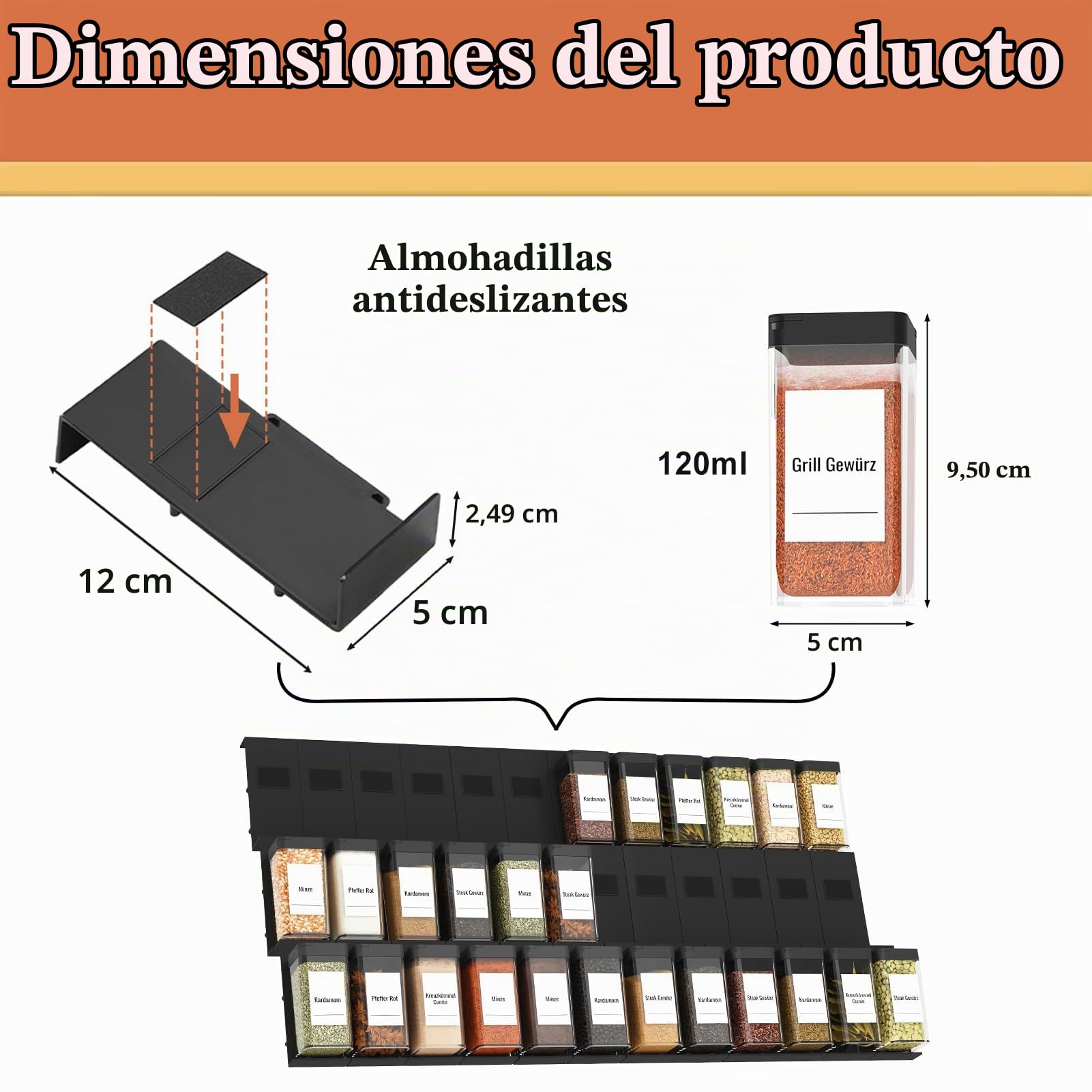 Famhap 24 Especiero de Cajón Con 24 Botes Especias, piezas Bandeja para Cajones de Cocina, Cajón para Especias Colocable para Frascos de Especias