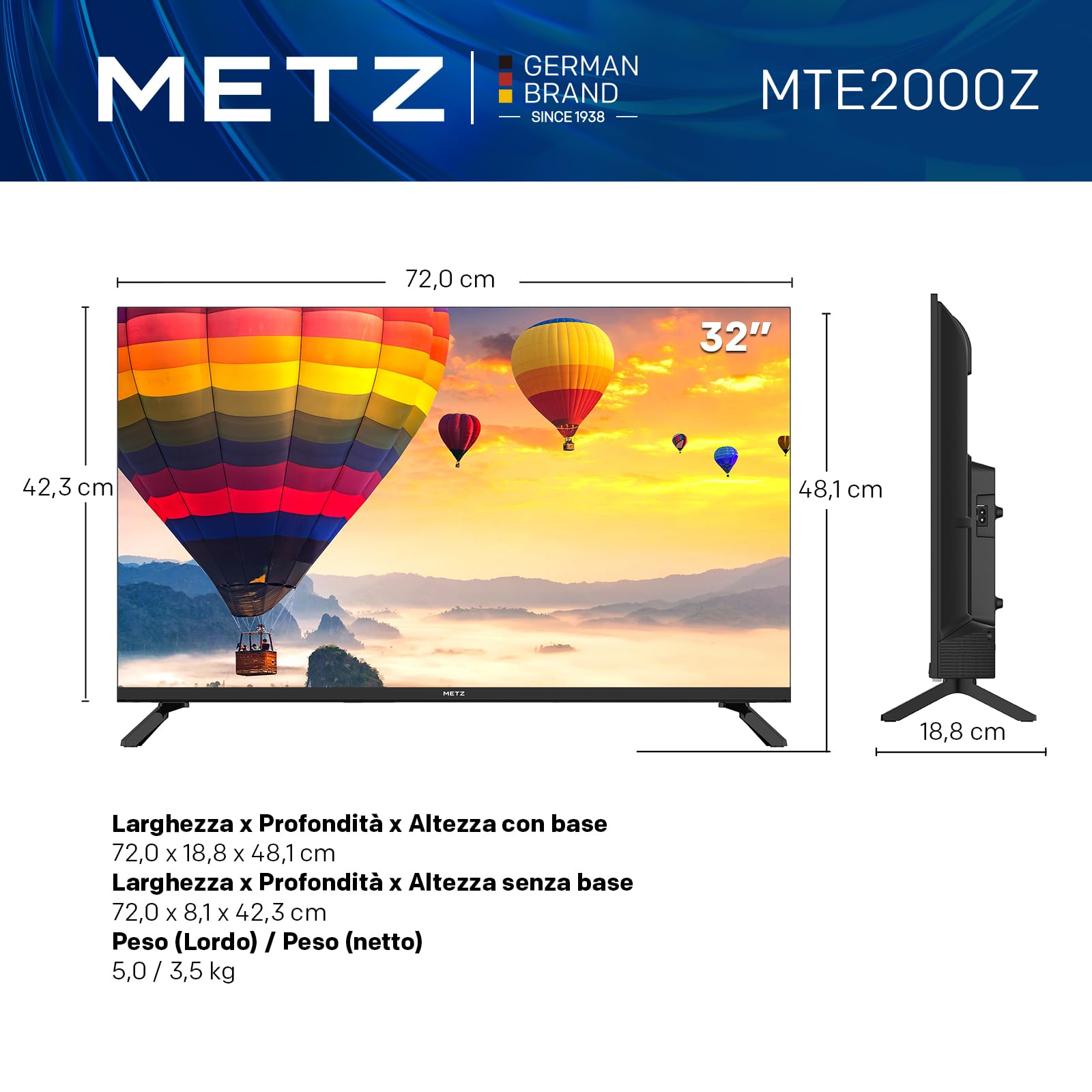 Metz MTE2000Z TV, 32 Pollici, HD, Televisore, 1366x768, Dolby Digital, Direct LED, Borderless Design, HDMI, USB, DVB-T/T2, DVB-C, DVB-S/S2 CI+