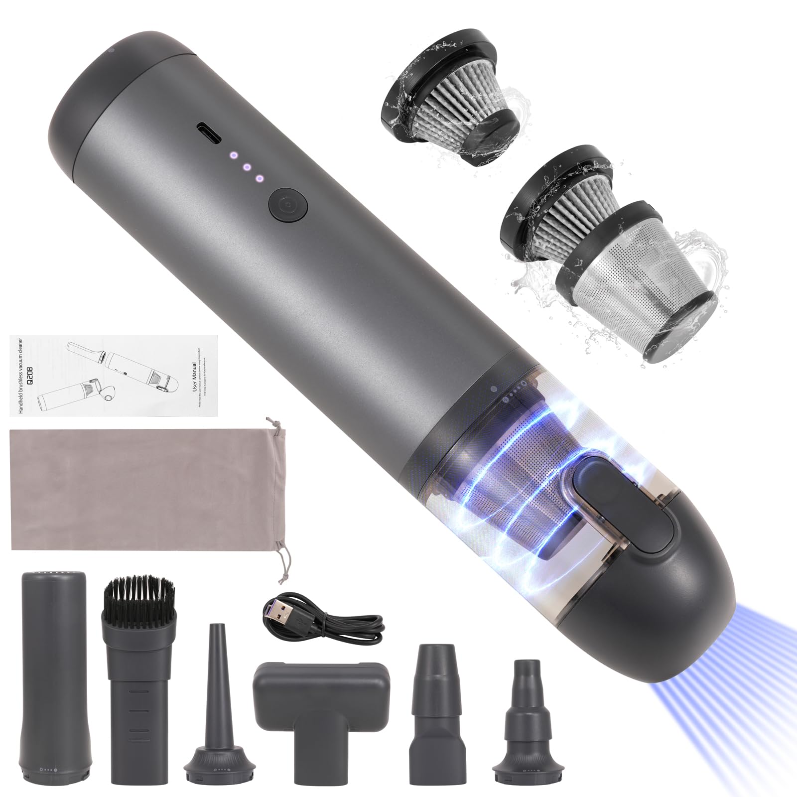 Handheld Vacuum Cordless-16000PA High Power Car Vacuum, Blow & Suction 2 in 1, 4 in 1Portable Cordless Small Vacuum, Up to 40 Mins Runtime, Multi-Nozzles, Vacuum Cleaner for Home, Pet, Car, Office