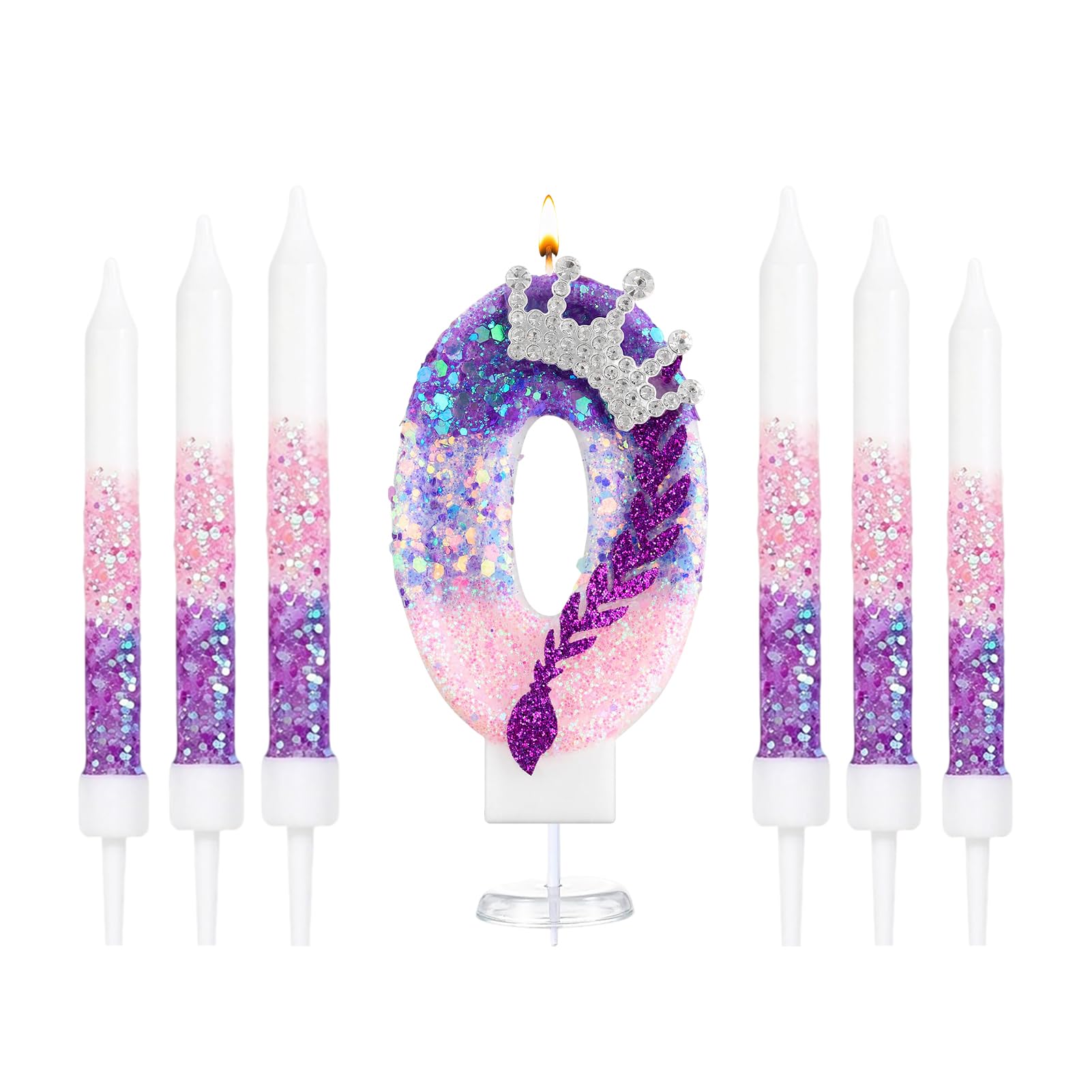 K Pop Number Birthday Candles, Glitter Crown Birthday Candle with 6 Pcs Long Candles, Stylish Kpop Music Themed Cake Topper for Girls Birthday Party Supplies (0 Candle,K Pop)