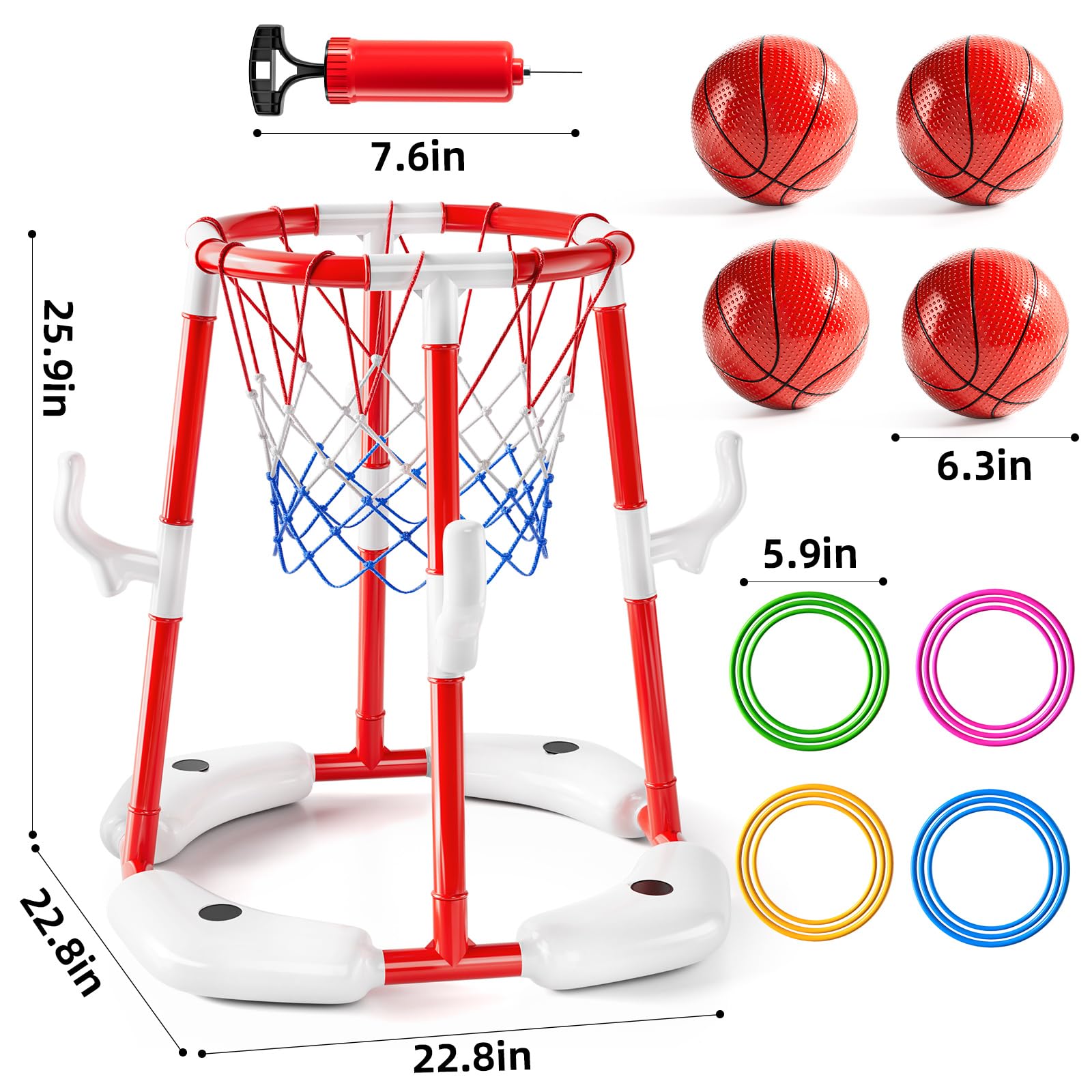 JUKUDAHU Pool-Basketballkorb für Kinder 3-12 Jahren 2-in-1 schwimmendes Pool Spielzeug mit Ringwurfspiel 4 Bälle und Pumpe