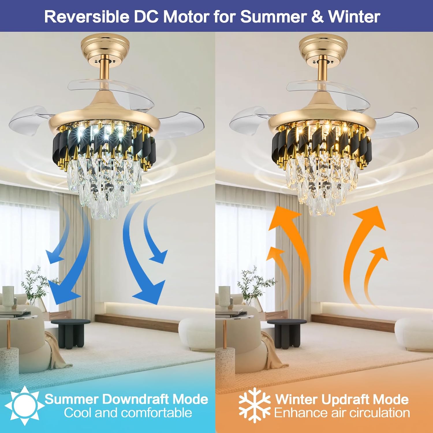 30 Inch Retractable Blade Dimmable Fandelier Ceiling Fan with Light, Crystal Chandelier Ceiling Fan with APP/Remote Control, 6-Speed, Quietness, Reversible for Bedroom, Living Room, Gold