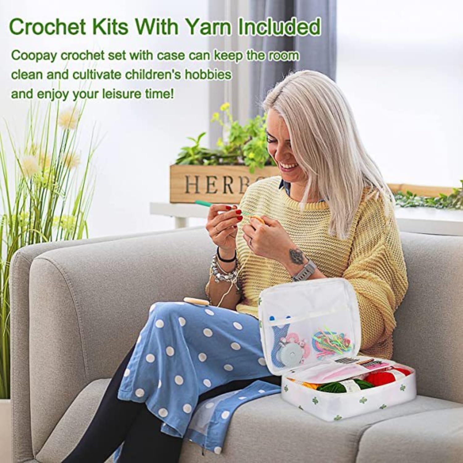 Tusmad Crochet Kit for Beginners Adults – 107 Pcs Starter Crochet & Knitting Kit with Yarn, Hooks, Stitch Markers & Accessories, Complete Crochet Set in Cactus White Storage Bag