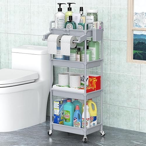 Miniatura 6 de SPACEKEEPER Carrito de almacenamiento rodante, organizador de baño de 4 niveles, carrito de servicio, organizador de lavandería, estantería móvil