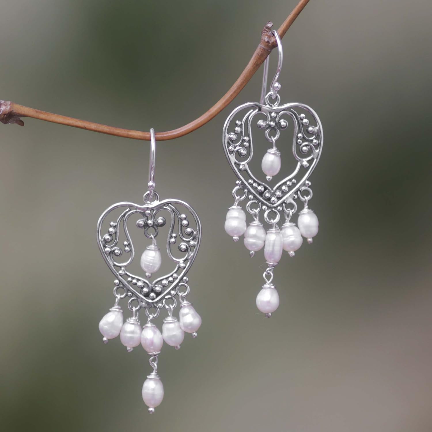 NOVICA Artisan Handmade White Pearl Chandelier Earrings | 925 Sterling Silver | Heart Symphony | Indonesian Bridal Jewelry | June Birthstone | 2.2" L x 0.8" W