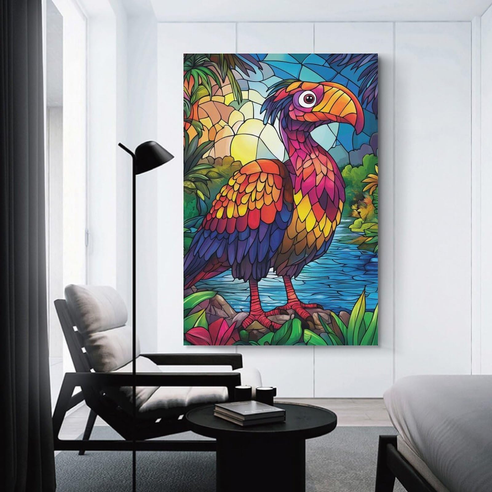 Junmoney Unframe-Style-8 Stained Glass Bird Wall Decor Canvas Print, 08X12inch(20X30cm), For Home Lounge, Bedroom Or Reading Nook, Decorative Artwork For Empty Walls