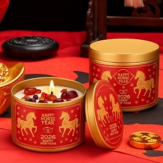 Nuanchu 2 Pcs 10oz Year of The Horse Scented Candle Happy New Year 2026 Gift Infused with Feng Shui Coin and Crystals Soy Wax Citrus Scented Candle for 2026 New Gifts Holiday Decor