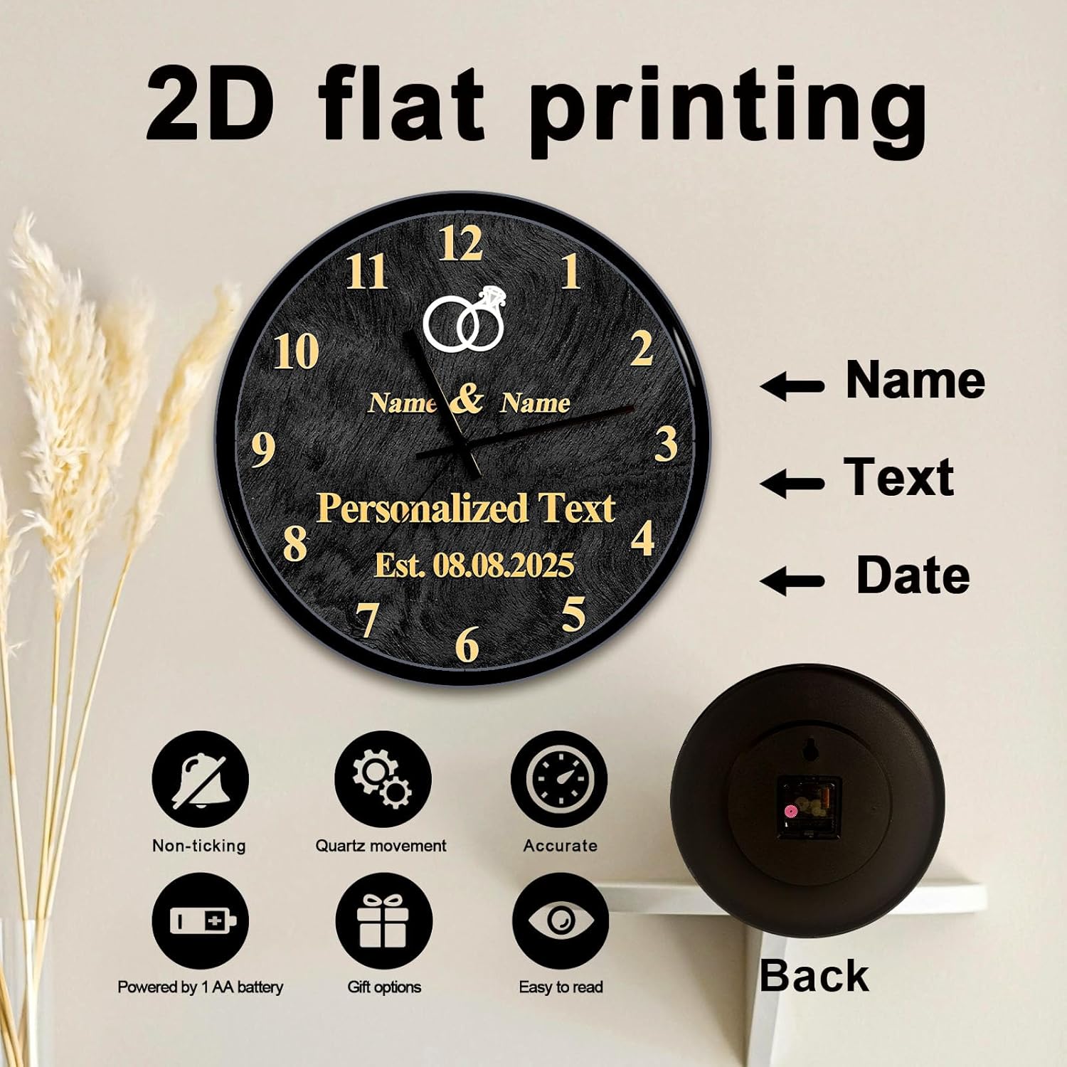 Personalized Custom Wedding Commemorate Anniversary Wall Clock,Customizable Wall Clock for Husbands,Wives,Newlyweds,Decorative Clock Given By Husband to Wife (Black)