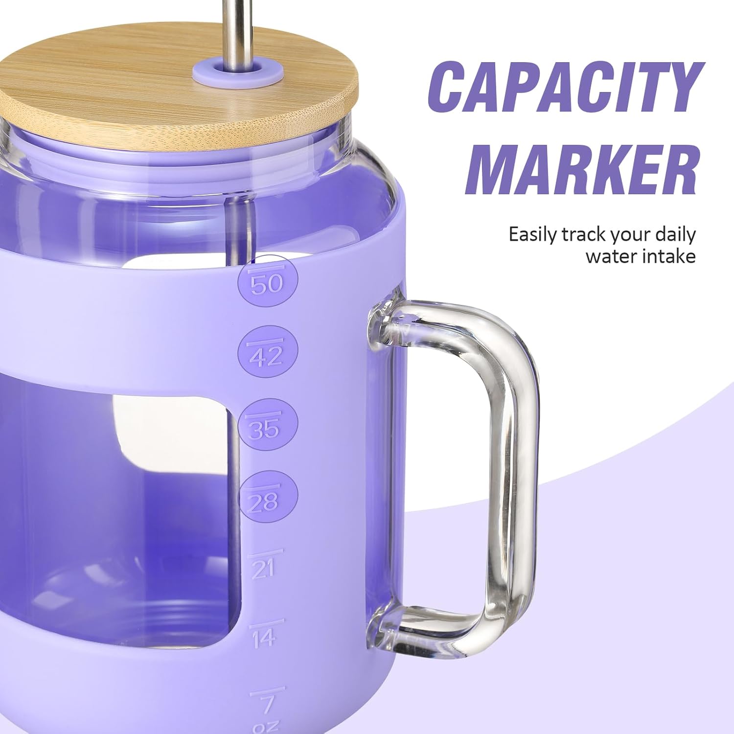 50 oz Glass Water Bottles with Silicone Sleeve,Glass Tumbler with Lid and Straw,Iced Coffee Cup with Handle,BPA Free-Purple - Image 4