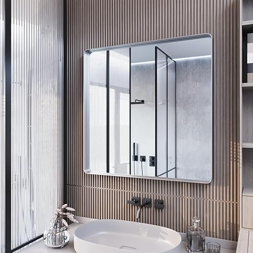 Yamazakura Espejo de baño plateado para pared, 36 x 36 pulgadas, espejo de tocador de baño con marco plateado para sala de estar, dormitorio,