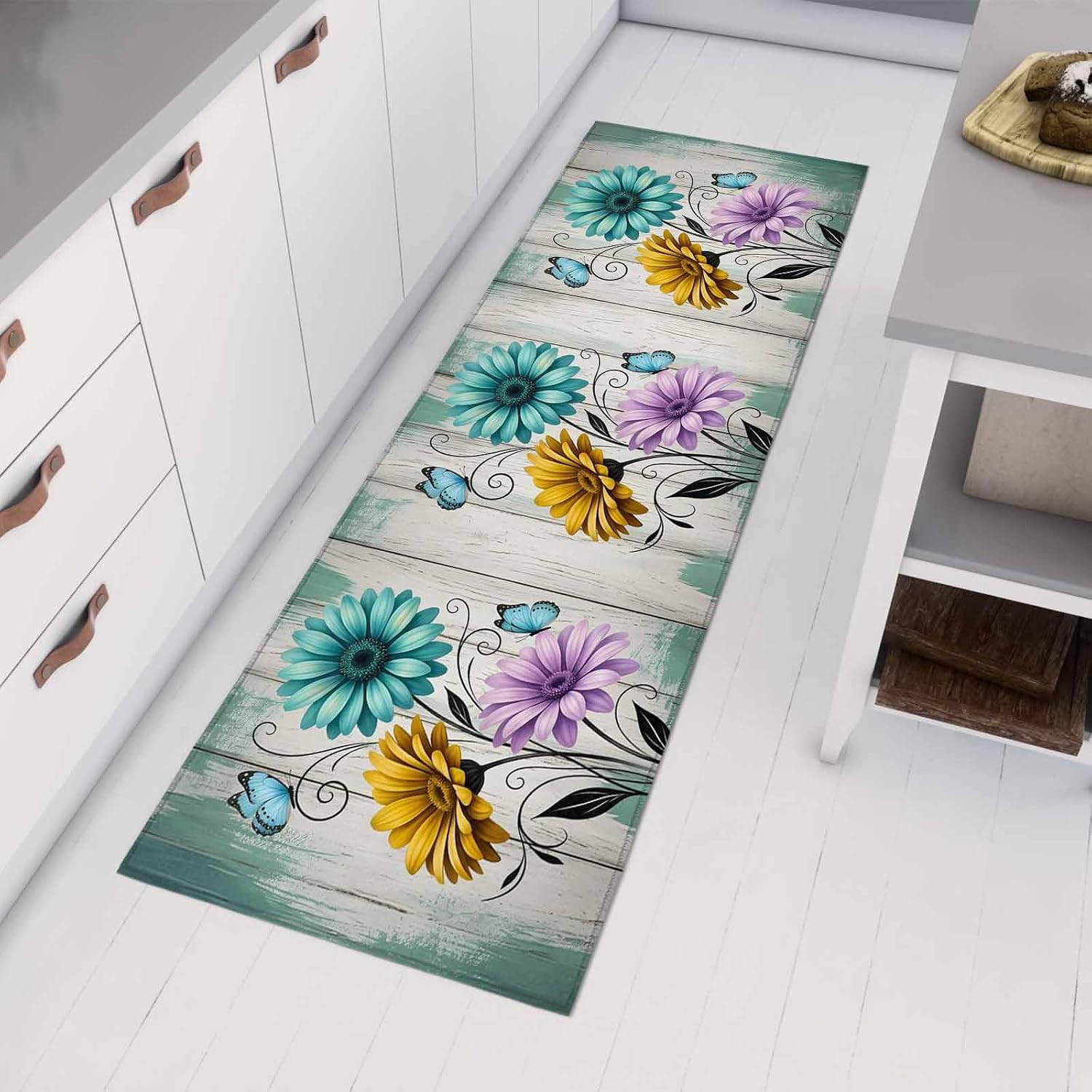 Teamery Kitchen Mats for Floor Farm Flower Daisy Retro Wood Barn Washable Non Slip Kitchen Rugs 1PCS, Blossom Flower Butterfly Absorbent Standing Mats for Sink Bathroom Office Living Room 23.6x70.9in