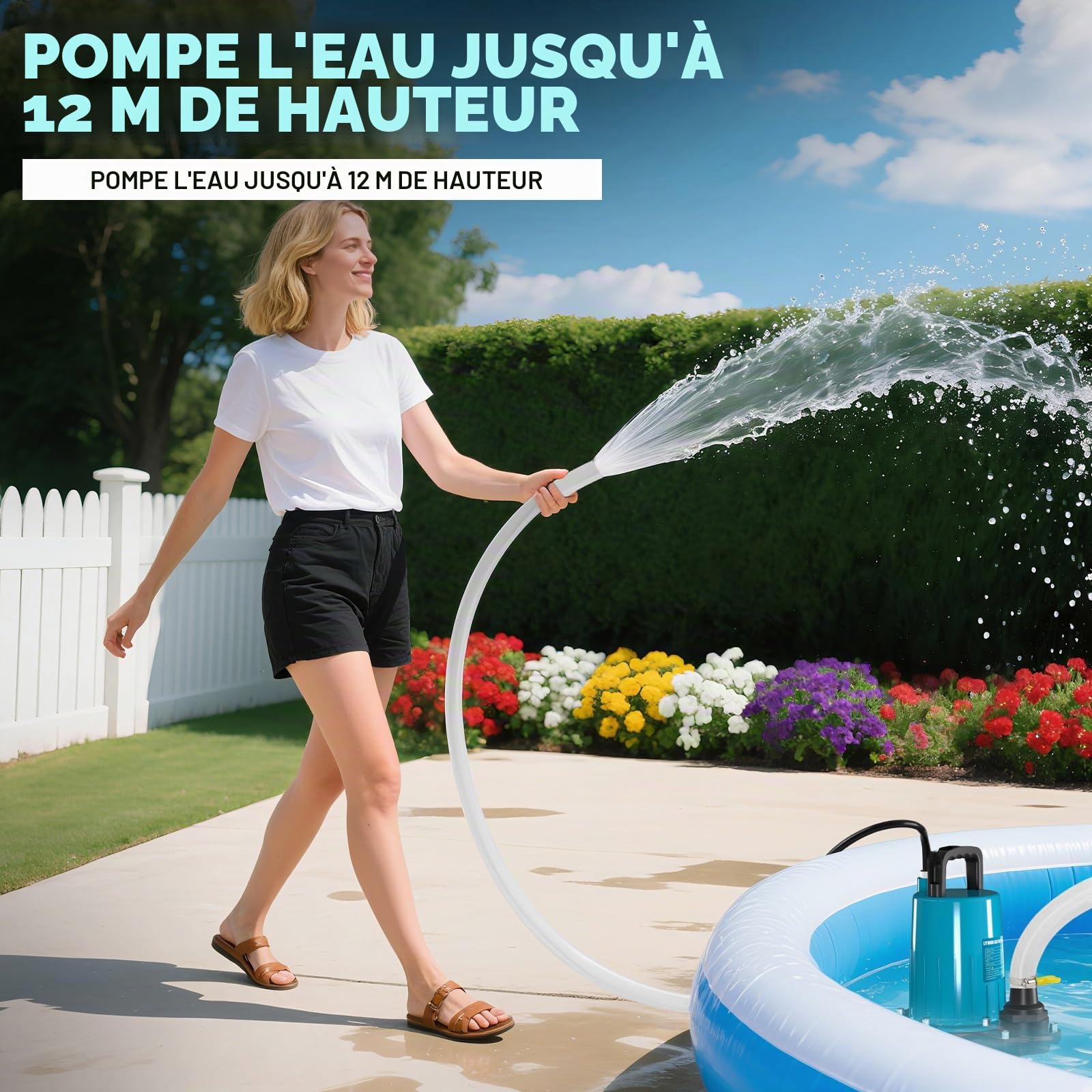Pompe submersible sans fil compatible avec batterie Makita 18 V (sans batterie), débit de 2800 l/h, hauteur de refoulement 12 m, câble de raccordement de 5 m, tuyau d'écoulement de 10 m, pour piscine