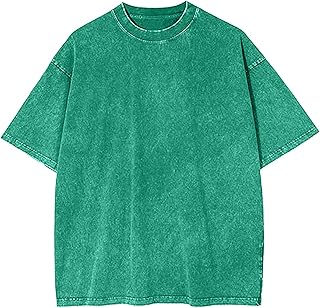 [KELIHAWK] ウォッシュ加工tシャツ メンズ オーバーサイズ 半袖Tシャツ ストーンウォッシュ カジュアル ティーシャツ ストリートウェア ゆったり カットソー ショルダードロップ ベーシック トップス 無地 丸首 柔らかい 夏服（グリーン/2XL）