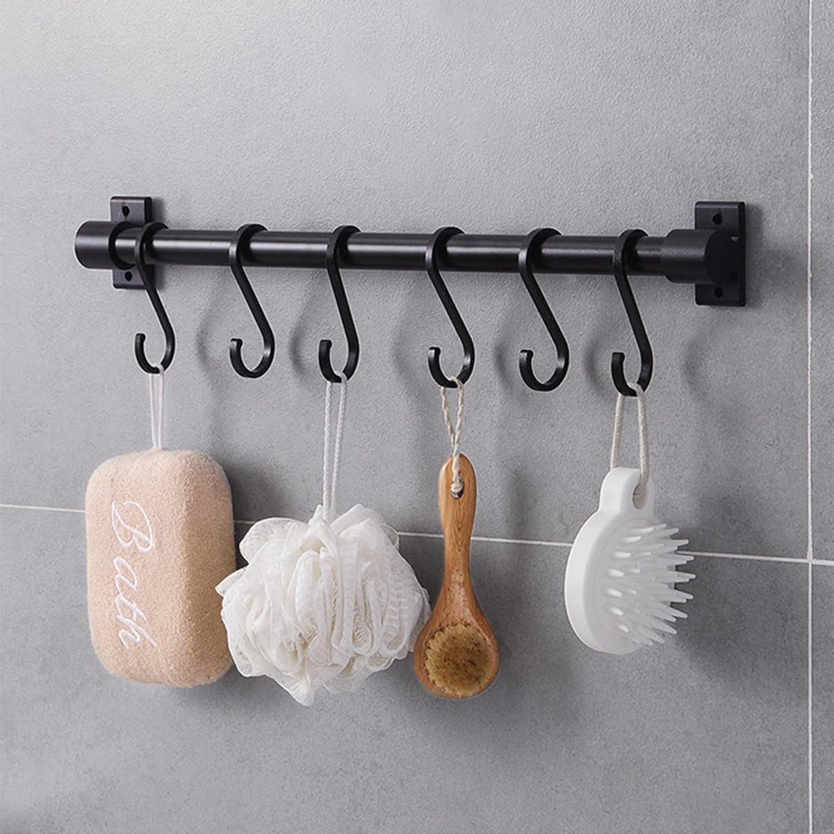 JOEJNCED 16 Inch Wall Mounted Pot Rack With 6 S-Hooks, Industrial Pipe Rail For Kitchen Pots And Pot Covers, Multifunctional Wall Mounted Storage Hook Rod (Black 1-Pack)(40cm)